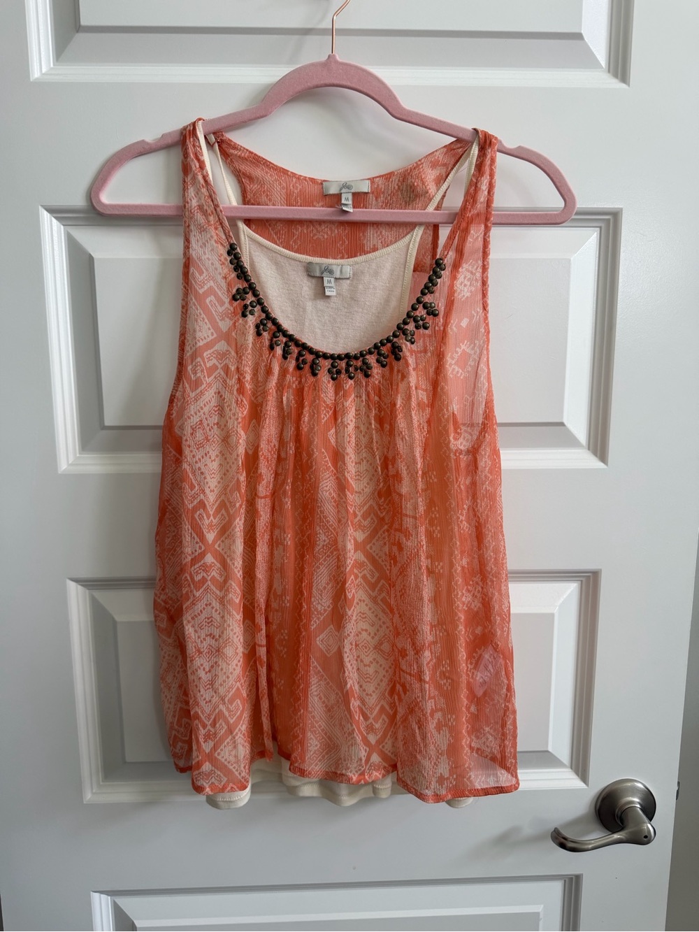 Joie Coral Beaded Silk Sheer Geometric Camisole Blouse